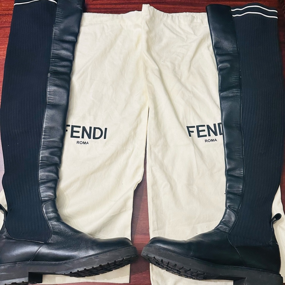 Fendi thigh high sock boots. Flats. Size 36 1/2. Logo black leather F0554 25 mm.